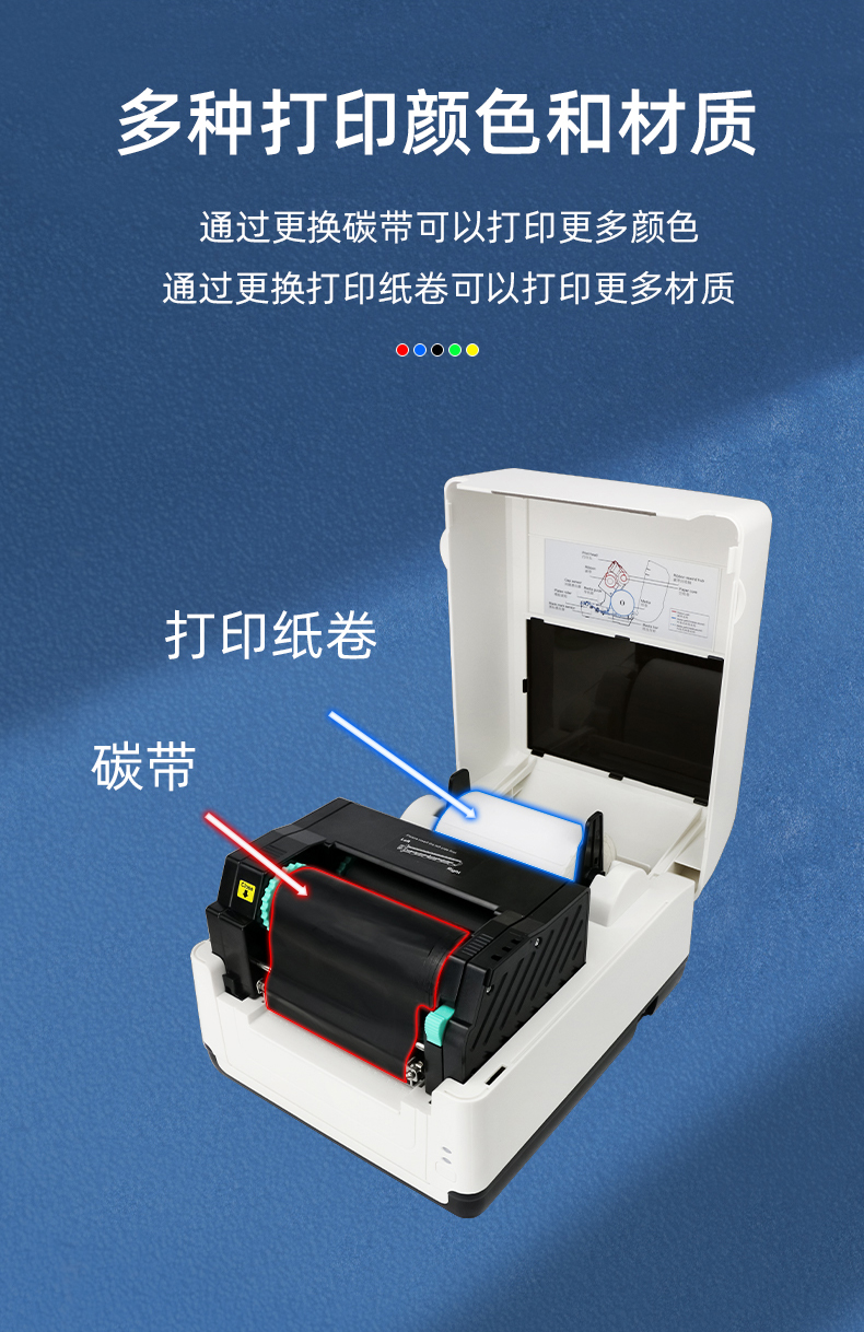 MS-LB400可通過更換碳帶打印多種顏色，更換打印紙卷可以打印更多材質